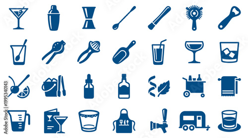 Collection of bar tools and cocktail ingredients for making drinks at home or in a professional setting