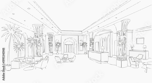 A sketch illustration of a grand hotel lobby