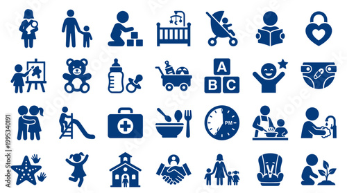 Collection of blue icons representing childhood, parenting, and family care services, including baby items, education, and safety symbols.