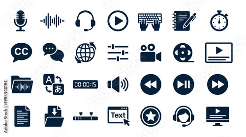 Collection of digital media icons representing audio video editing and multimedia production tools and services for online content creation and broadcasting