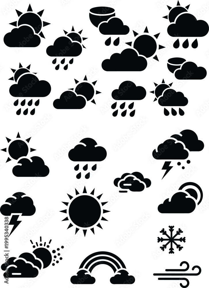 Fototapeta premium Collection of various weather conditions silhouettes and forecast icons with white background