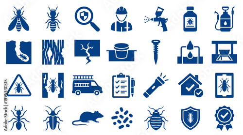 Pest control service icons set for extermination and inspection of insects rodents and termites for home protection and hygiene