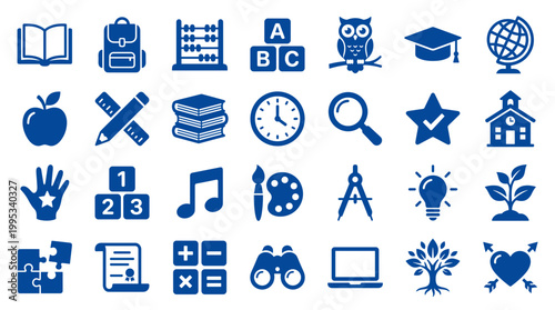 Collection of blue educational icons representing school supplies, learning tools, and academic concepts on a white background, perfect for design projects.