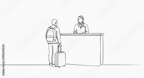 A person arriving at the reception desk to check in with a suitcase
