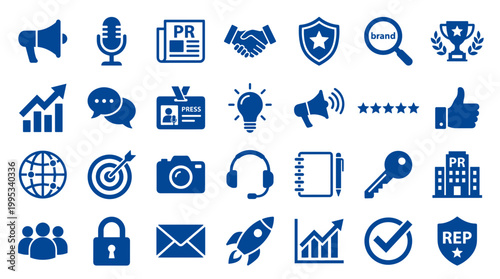 Collection of blue icons representing public relations marketing communication strategy and business success elements on white background