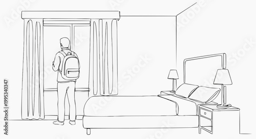 A person stands near a window, gazing outside, with a backpack on their back, in a hotel bedroom. Interior outline design illustration. 