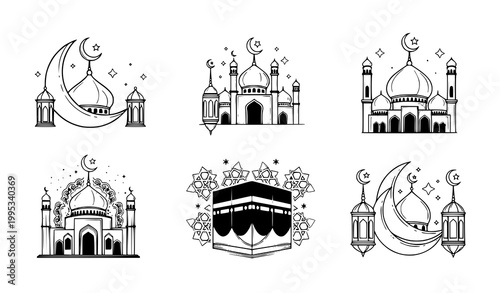 Islamic Ramadan and Eid icon set with mosque Kaaba crescent lantern and geometric patterns vector