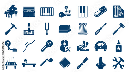 Collection of piano tuning and repair tools and parts, musical instrument maintenance equipment and accessories