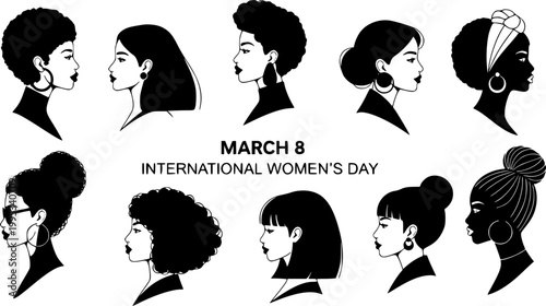 International Women's Day. March 8. Portraits of different women in profile. Horizontal format. Violet colors. Vector illustration, flat design
