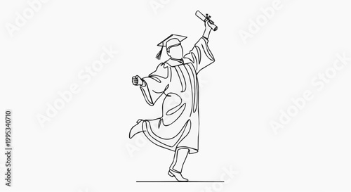 Line drawing illustration of a graduate, holding a diploma, celebrating their achievement. The illustration uses continuous line art, emphasizing the joy and accomplishment of graduation