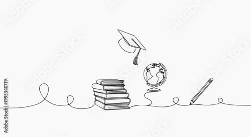 A sketch of education-related elements: books, a graduation cap, a globe, and a pencil, all connected by a single line