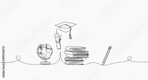 Education line drawing with graduation cap, diploma, globe, books, and pencil