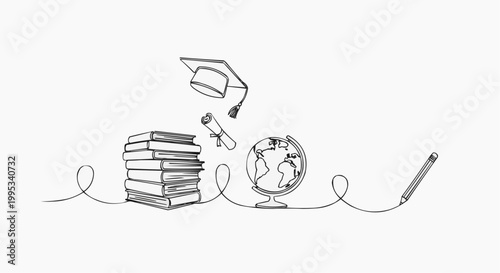 Educational journey represented by a continuous line drawing, featuring books, a graduation cap, a diploma, a globe, and a pencil. The drawing symbolizes the path of education and its global reach.