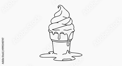 A melting ice cream cone dripping with creamy goodness. This monochrome illustration captures the simple joy of a sweet treat