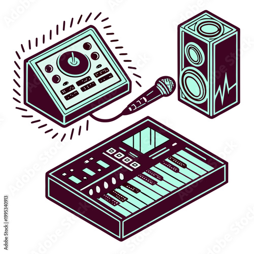 A vector graphic illustration of a music production setup with a mixer, microphone, and speaker.