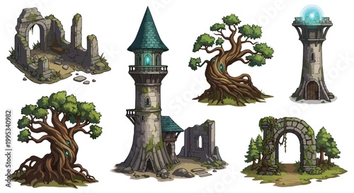 Fantasy game assets collection, medieval stone tower and ancient ruins, magical wizard tower with glowing orb, mystical forest trees and stone archway