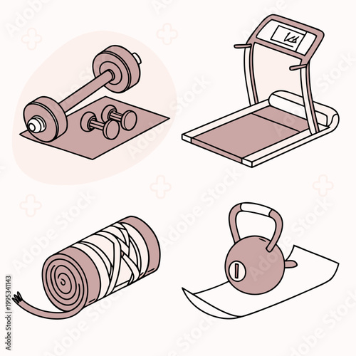 A vector graphic illustration of various fitness equipment including dumbbells, a treadmill, yoga mat, and kettlebell.