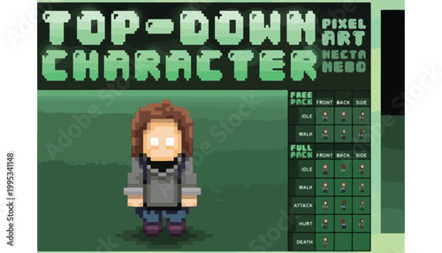 Pixel art top-down character sprite sheet, retro game hero with brown hair and glowing eyes, 2D game development assets for RPG and adventure games