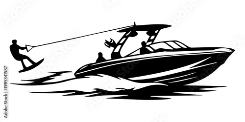 Dynamic Wakeboarding Action Silhouette: Wakeboarder Pulled by Speedboat Vector Graphic