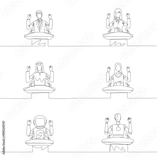 Set of single line drawing features a man, woman, Arab, astronaut, and robot clenching fists at a podium. An inspiring motivation concept perfectly designed for a corporate election campaign banner.