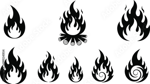 Black Flame Icons on White Background