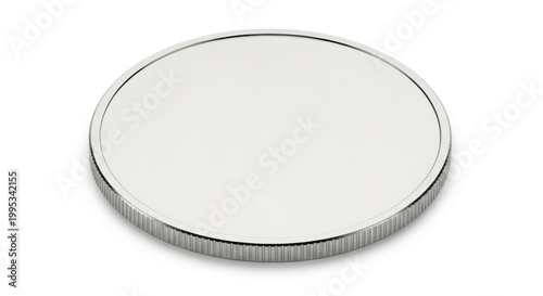A shiny round object with a flat surface and ridged edge on a plain white background