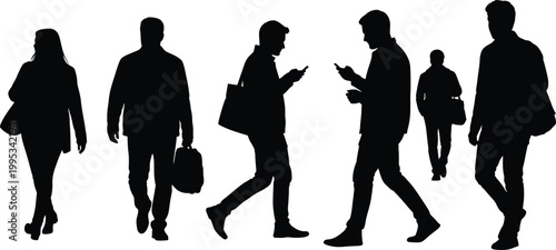 People Walking Silhouettes on White Background