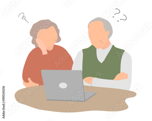 パソコンを見ながら悩むシニア夫婦のイラスト