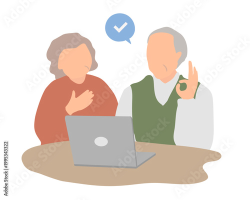 パソコンで問題が解決し安心するシニア夫婦のイラスト