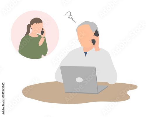 パソコンを見ながら電話で相談するシニア男性のイラスト