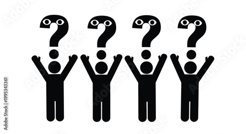 Four stick figures support question marks above their heads representing uncertainty and inquiry