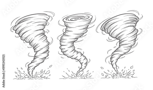 Three hand drawn tornadoes swirling violently over cracked ground twister storm weather