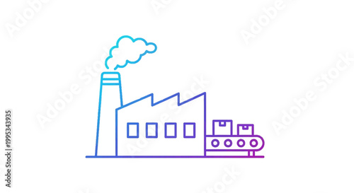 Modern factory building with smoking chimney and conveyor belt production line design