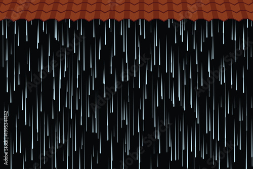 Rain falling from roof edge at night, simple vector illustration.