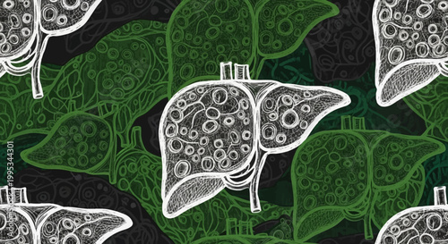 An illustrative pattern of human livers, some in white and some in green, with intricate internal circular designs on a dark background.