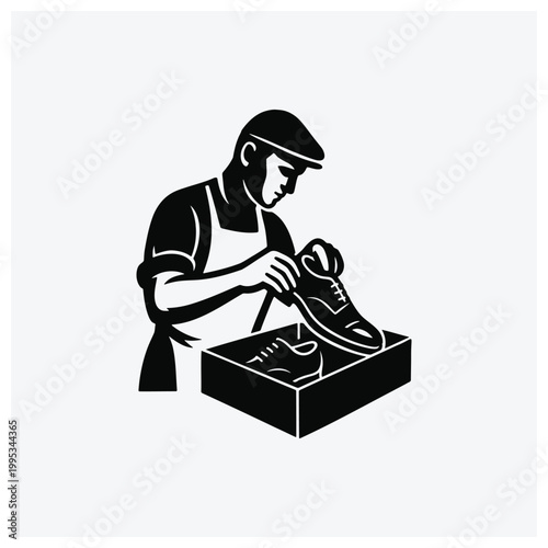 Silhouette of a shoemaker working on a shoe in a box.