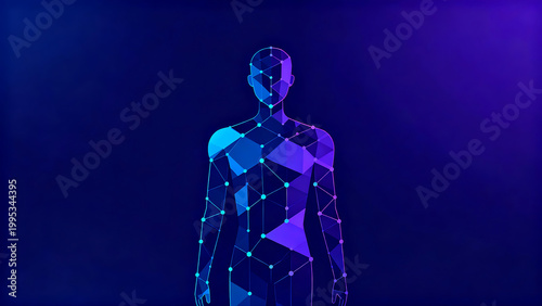 An abstract human figure rendered in a glowing geometric mesh of triangles and points of light on a dark blue and purple neon background. Represents AI, data, and technology.