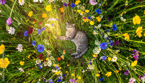 A dreamy top-down perspective from above, looking down at the ground, surrounded by wildflowers and tall grass forming a circular composition. 