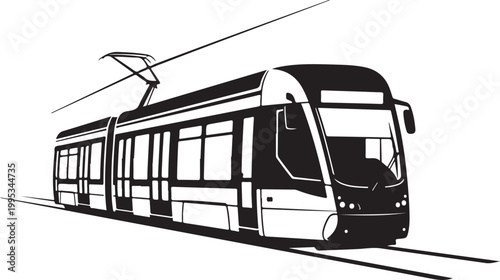 Modern city tram, black and white vector illustration, urban transportation icon, public transit symbol