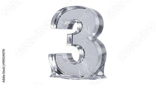 A 3D metallic number three with a scratched and reflective surface standing on a white background