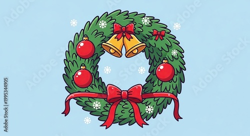 vibrant christmas wreath with red bow and golden bells on light background