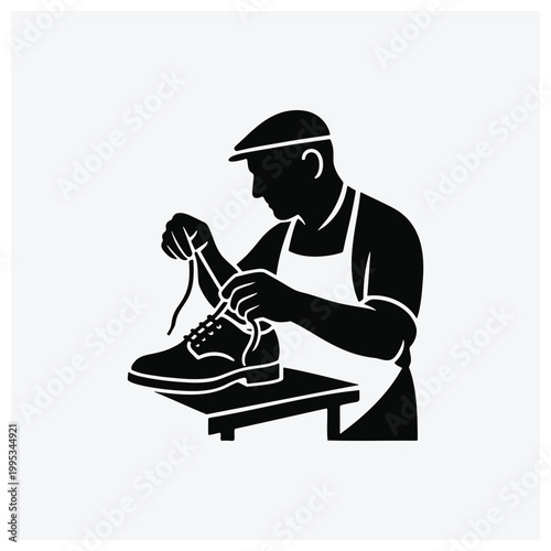 A minimalist silhouette illustration of a shoemaker working on a shoe.