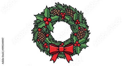 Christmas wreath with pine cones and red ribbon on white background