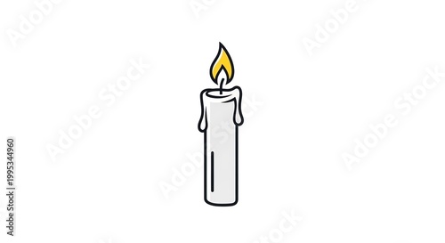 single white candle burning with flame on plain background minimalist concept