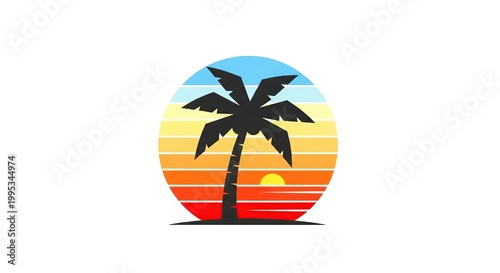 Silhouette of palm tree at sunset with vibrant orange and blue sky gradient