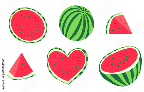 Colorful watermelon elements set featuring whole melon, circular slices, triangular pieces and heart shapes. Fun summer fruit vector collection for design use.