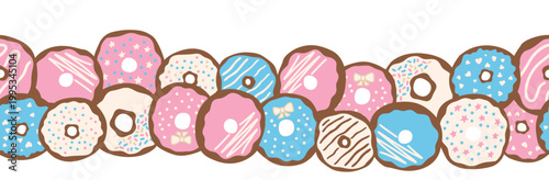 Seamless border with hand drawn donuts in doodle style. Sweet pastry frame with glazed donut elements for bakery menu, card, packaging or fun background design.