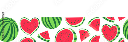 Seamless watermelon border made from whole fruits, round slices, triangle wedges and heart shapes. Fresh summer fruit frame pattern for banners and cards.
