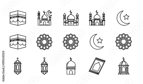 Islamic religious outline icon set with Kaaba mosque crescent and geometric symbols vector illustration