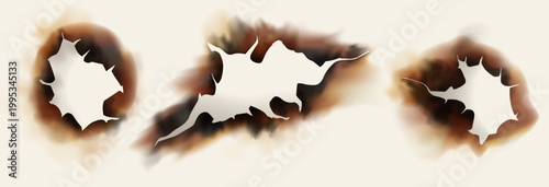 Torn note paper with burnt side, black charred border, fire damage texture, old sheet effect isolated on white.